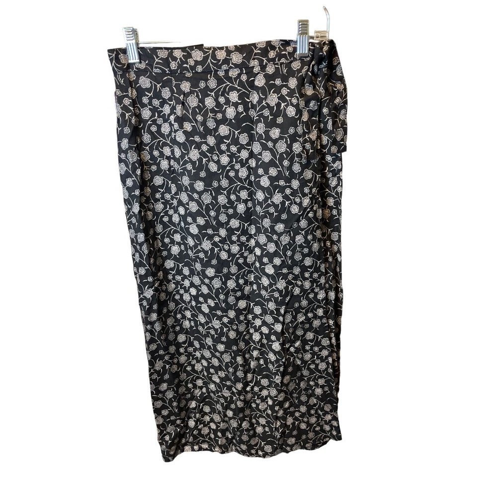 Vintage Intense Black Patterned Faux Wrap Long Skirt Sz S